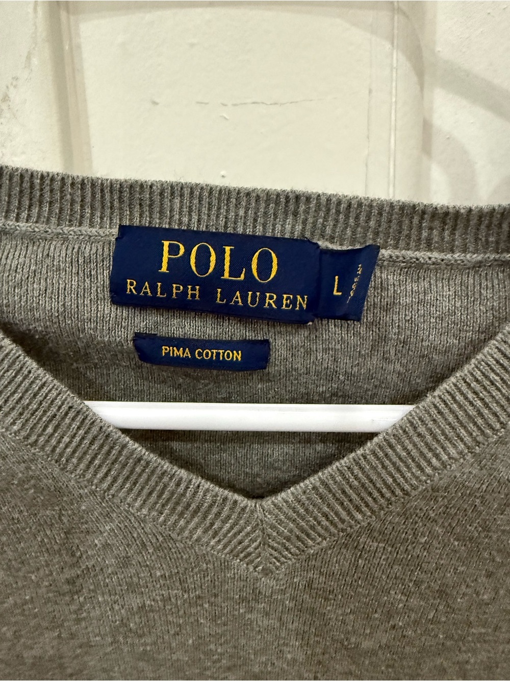 Polo Ralph Lauren Pima Cotton V Neck Sweater Gray Green Pony Logo Men’s Size L - Picture 3 of 3